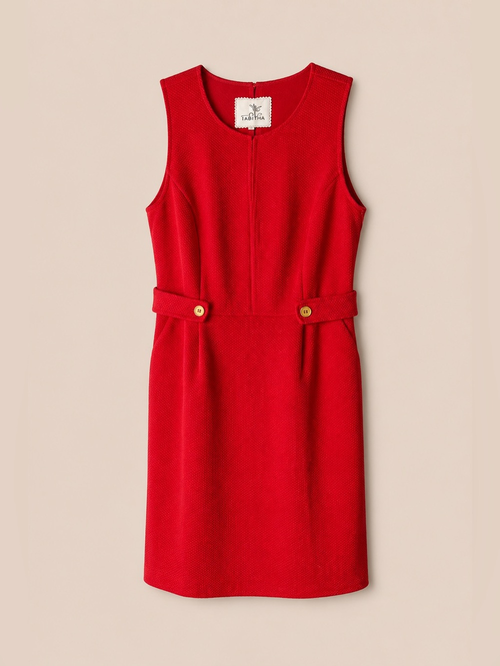 Tabitha Red Textured Sleeveless Shift Dress Gold Button Tabs Size 8